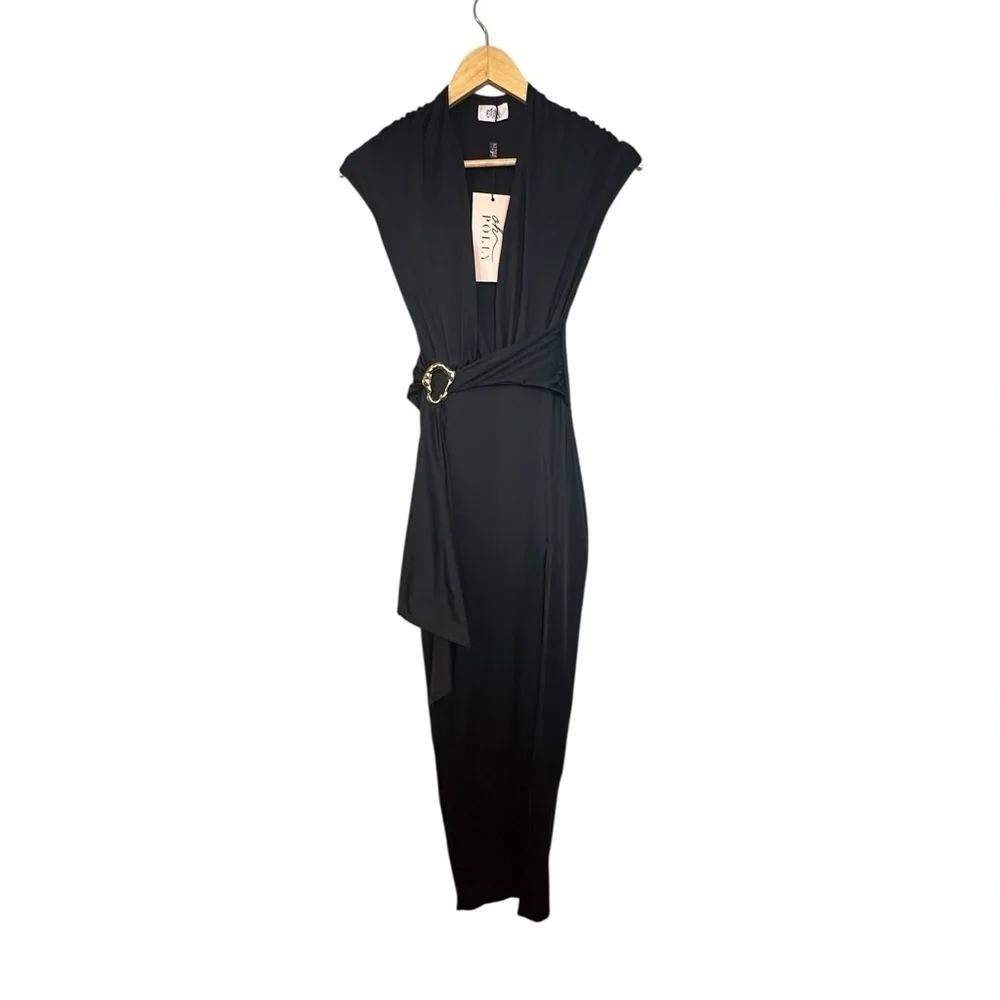 NWT Oh Polly Amalda Slinky Jersey Plunge Hardware Detail Maxi Dress in Black 0 - Picture 2 of 9